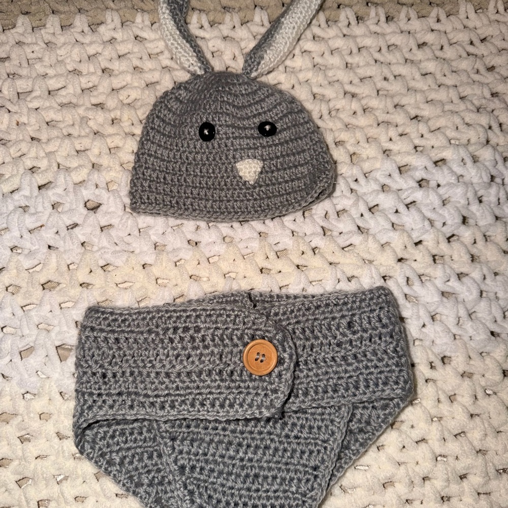 Handmade Gray Crochet Bunny Hat & Diaper Cover Set - Kids Accessories
